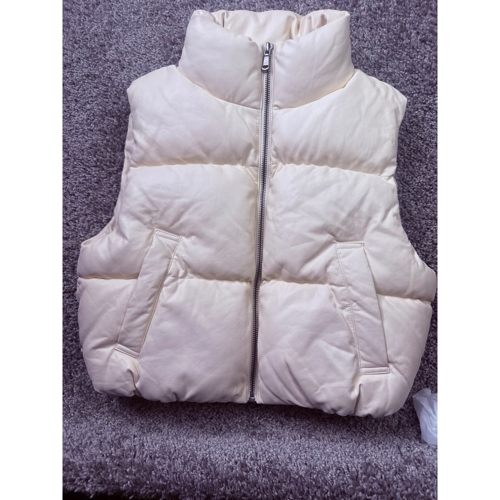 Double Zero Women XS Ivory Faux Leather Puffer Vest Quilted Zip Up Cinch Waist
